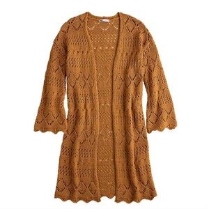 So Mustard Yellow Boho Crochet Stitch Kimono Open Cardigan Wide Sleeve M…